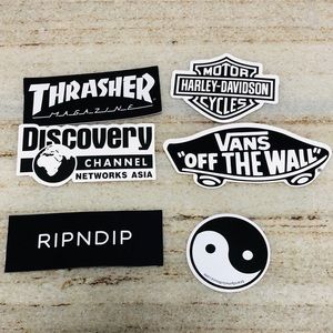 6 black and white skateboard stickers